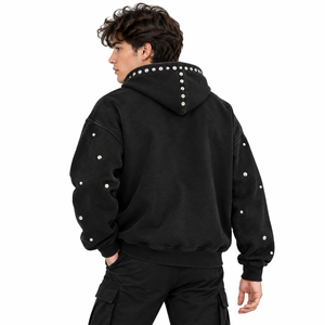 Sudadera con capucha de invierno para hombre, negra, de peso pesado, estilo streetwear personalizado, vintage, con lavado ácido, bolsillos, corte holgado y pedrería brillante, EE. UU. - Product Image 2