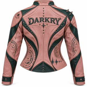 Women Dusty Pink Leather Biker Jacket Printed Snail Graphic Dark Green Accent <b>Studded</b> Collar Custom OEM ODM Outerwear Wholesale - Product Image 2