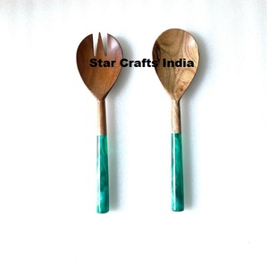 Factory Wholesale Price Eco-Friendly Wooden Salad Server Resin Handle Dishwasher <b>Safe</b> <b>Large</b> Spoon Fork Kitchenware Tableware - Product Image 3