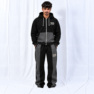 Ensemble de survêtement unisexe personnalisé respirant pour l'automne, coupe oversize, avec sweat à capuche zippé et pantalon de jogging large, style streetwear, assorti pour couple - Product Image 1