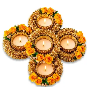 Golden Floral Tea <b>Light</b> Holder Set with Orange <b>Roses</b> for Home Decoration - Product Image 3