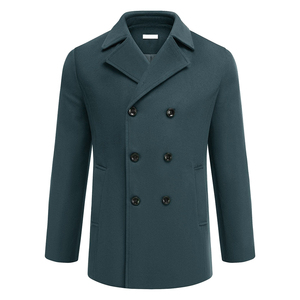 Classic Button Closure <b>Men's</b> Wool Jacket <b>Men's</b> Long Peacoat Deep Blue Green Color Slim Fit Thick Winter Windproof <b>Pea</b> <b>Coat</b> - Product Image 1