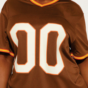 Vente en gros de maillots de football américain pour femmes, style rétro, en maille marron, surdimensionnés, à manches courtes, vêtements de sport en polyester, personnalisables - Product Image 4