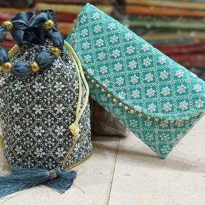 Handmade <b>Green</b> Cotton Potli <b>Bag</b> & Purse With Pearl Embroidery Flower Pattern Tassel For Wedding Decoration For Women And Girls - Product Image 1