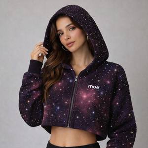 Sudadera con capucha de punto lavada con pedrería integral personalizada, estilo moderno, con estampado cosmético sublimado, tipo crop top, con pedrería, USA - Product Image 4