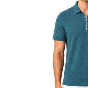 Polo pour homme personnalisé bleu sarcelle en maille gaufrée à col zippé, respirant, à manches courtes, décontracté, pour le golf et le tennis, haut de performance - Product Image 3