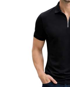 Polo en coton noir personnalisé pour homme avec col demi-zip, coupe ajustée, manches courtes, tenue décontractée d'été, fabricant OEM, approvisionnement en gros - Product Image 3