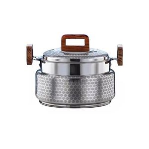 Wood and metal <b>serving</b> <b>dish</b> <b>set</b> with engraved geometric silver lid blue accent knob and decorative wooden base premium kitchenwa - Product Image 4