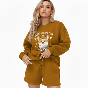 Women Winter Sweatshirt Long Shorts <b>Set</b> 100% Cotton Solid <b>Knit</b> Embroidered Eco-Friendly Breathable Casual Wear Two Piece Bulk - Product Image 1