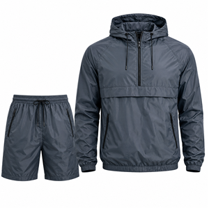 Men's <b>Hooded</b> Quarter-<b>Zip</b> Upper Shorts Set Solid Color Quick Dry Fleece Streetwear Winter Outfit - Product Image 2