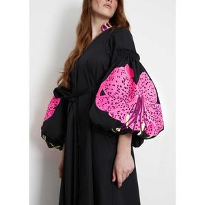 Women Black Cotton Maxi <b>Dress</b> V Neck Balloon Sleeve Pink Embroidery Tassel Detail <b>Boho</b> Long <b>Dress</b> - Product Image 4