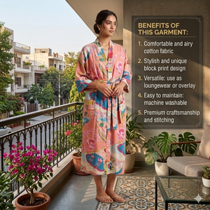 Bata Kimono Artesanal de Algodón con Estampado Floral |   Bata Larga Estampada a Mano para Mujer |   Ropa de estar por casa tipo spa de manga larga con cuello en V - Product Image 6