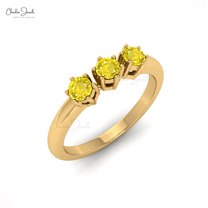 แหวนพลอยแซฟไฟร์สีเหลืองทรงกลมขนาด 3 มม. แบบฝังหนามเตย 3 เม็ด แหวนทองคำแท้ 14K สำหรับงานแต่งงาน แหวนซ้อนกันได้ ขายส่ง - Product Image 1