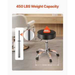 Taburete rodante de cuero PU grueso ajustable en altura con capacidad de 450 libras, silla giratoria negra para salón, hogar u oficina - Product Image 3