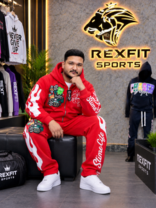 Custom Red Zip Up <b>Tracksuit</b> <b>Men</b> Graphic Streetwear Hoodie Jogger Set Printed Fleece Sweatshirt Pants Casual Sportswear Set - Product Image 6