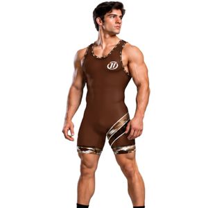 Brown <b>Mens</b> Wrestling Singlet Sleeveless Compression Breathable 100% Polyester Athletic <b>Bodysuit</b> Training Competition Sports - Product Image 2