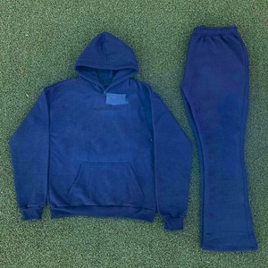 Conjunto de Sudadera con Capucha y Pantalones Deportivos de Felpa Azul Sólido para Hombre, Talla Grande, Ropa Casual de Otoño, 100% Algodón Tejido - Product Image 3