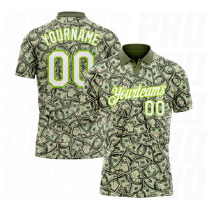เสื้อโปโลกอล์ฟสีเขียวขาวนีออนลายดอลลาร์ 3 มิติ แบบกำหนดเอง เสื้อกอล์ฟแขนสั้นพิมพ์ลายตามสั่ง ระบายอากาศได้ดี - Product Image 1
