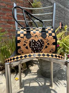 Western Speedy Luxury Leather Executive Travel Crossbody Bag Checkerboard Pattern <b>Heart</b> Embossment <b>Black</b> Tan Zipper Polyester - Product Image 5
