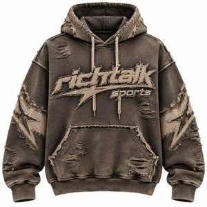 Sweat-shirt à capuche pour homme, coupe classique, en coton French Terry, style streetwear, effet vieilli, logo brodé, poche décorative, hiver - Product Image 1