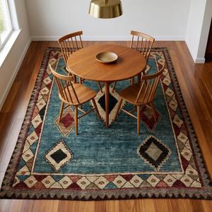 Alfombra de Lana Tejida a Mano, Diseño Floral Azul Turquesa, Clásica, para Sala de Estar o Dormitorio - Product Image 5