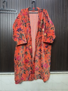 Orange Bird Print Velvet <b>Kimono</b> <b>Long</b> Sleeve Full Length Women's Robe Casual Soft Drawstring Closure - Product Image 5