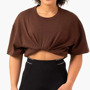 T-shirt ample à col rond pour femme, couleur marron uni, coupe ample, manches courtes, 100% coton jersey, respirant, toutes saisons - Product Image 4