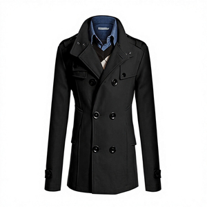 <b>Men's</b> Gray Wool Double Breasted Stand Collar Overcoat With Epaulets - Product Image 3