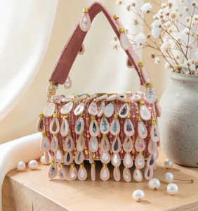 Pochette indienne faite à la main avec pompons perlés, brodée, pour soirée, mariage, mariée, sac à main pour femme, doublure en coton écologique, fermeture éclair - Product Image 3