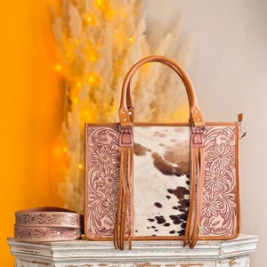 Western Genuine Leather Tote <b>Bag</b> With Cowhide Panel And Floral Embroidery Bohemian Style Daily Use - Product Image 1