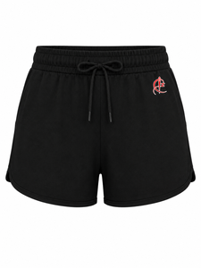 Shorts noirs taille haute pour femmes avec logo brodé, fermeture à cordon, coupe décontractée et sportive, style classique, couleur unie - Product Image 1
