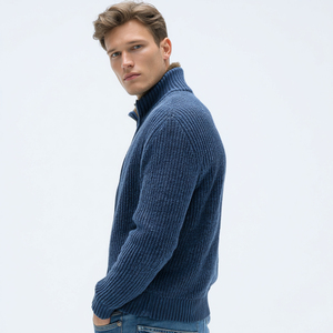 Cardigan zippé en laine mélangée bleu marine pour homme, col roulé, couleur unie, manches longues, tricot épais, vêtement d'hiver anti-boulochage - Product Image 3