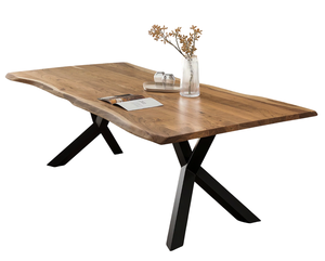 Mesa de Comedor Industrial de Madera de Acacia India con Borde Natural, Patas Plegables de Metal, Acabado Negro y Natural, para Hogar, Oficina, Estilo Rústico - Product Image 1