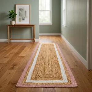 Tapis de couloir fait main en jute naturel rose et blanc avec bordure, pour cuisine, couloir, entrée, décoration intérieure - Product Image 1