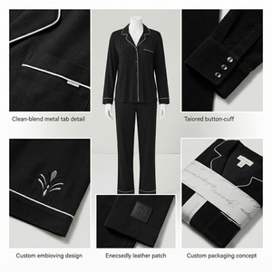 Conjunto de Pijama de 2 Piezas para Mujer, Color Negro, Manga Larga, Cuello en V, Botones al Frente, Color Sólido, Ropa Casual para Estar en Casa, Invierno, Corte Regular, 100% Algodón - Product Image 4