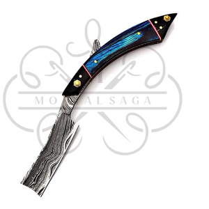 MORTAL SAGA Navaja de Afeitar Recta de Acero de Damasco Ligero Hecha a Mano, Borde Liso, Mango de Madera de Resina Azul, Funda de Cuero, Hoja de 5 Pulgadas - Product Image 3
