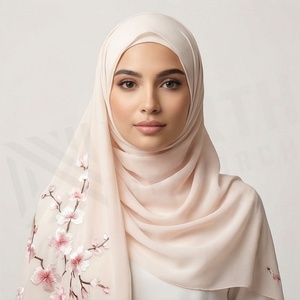 Pink <b>Chiffon</b> Hijab With Floral Embroidery Women's Daily Wear <b>Scarf</b> Islamic Ethnic Shawl - Product Image 5