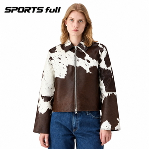 Chaqueta Bomber Deportiva de Cuero Genuino con Patrón de Piel de Vaca, Cuello con Cierre de Cremallera, para Mujer, Largo Regular, Transpirable, Otoño - Product Image 1