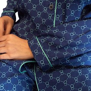 <b>Women</b> Royal Blue Geometric Print Pajama Set Long Sleeve Button Up Shirt Matching <b>Pants</b> Soft Sleepwear <b>Lounge</b> Wear Manufacturer - Product Image 4