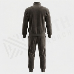 Men's Dark Gray <b>Velour</b> <b>Tracksuit</b> Full Zip Stand Collar Solid Color Casual Sportswear With Side Pockets Autumn Wear - Product Image 2
