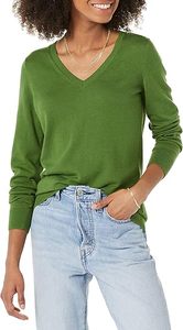 Pull léger à manches longues et col en V pour femme, coupe classique - Product Image 1