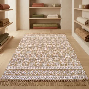 Tapis en jute classique artisanal HILTEX, tissage plat fin en fibres naturelles jacquard à motifs floraux pour extérieur - Product Image 1