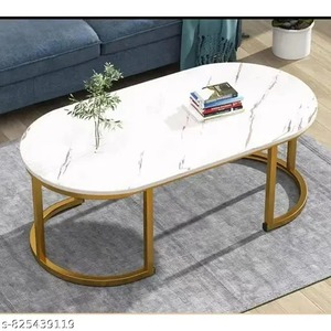 Mesa de Centro Ovalada de Estilo Moderno con Aspecto de Mármol Antiguo y Estructura Metálica para Sala de Estar, por KS International - Product Image 1