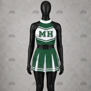 Ensemble d'uniformes de cheerleading personnalisés pour femmes : Haut dos nu, jupe plissée, imprimé scintillant, tenue de performance d'équipe en polyester avec transfert thermique - Product Image 1
