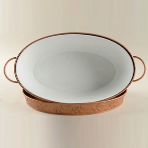 Rustic Copper & White Embossed Leaf Oval Beverage Tub With Matching Tray Enamel Interior Party Supply Wedding & Party Tableware - Product Image 5