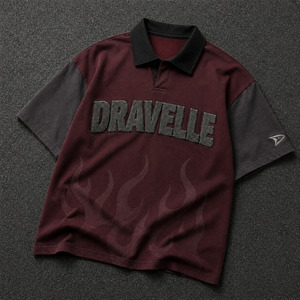 Streetwear <b>Shirt</b> Manufacturer Black Cherry Rugby Tee, Oversized Y2K Streetwear <b>Shirt</b> with Chenille Logo and <b>Flame</b> Graphic - Product Image 5