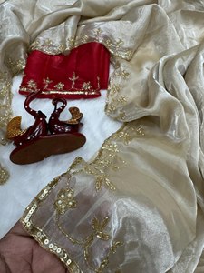 Soft Fandy Satin Designer Saree Beautiful Khatli Cutdana Handwork Elegant All Over Arco Border & Matching Khatli Work <b>Blouse</b> - Product Image 5