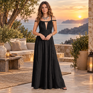 Vestido maxi negro fluido con cuello halter y lazo para mujer |   Vestido Boho sin Mangas con Cuello en V Profundo para Vacaciones en la Playa y Fiestas de Verano - Product Image 2