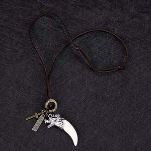 White Wolf Tooth Leather Necklace for <b>Men</b>-Vintage Pendant with Adjustable Pure Leather Cord Blade <b>Chain</b> Gift - Product Image 4