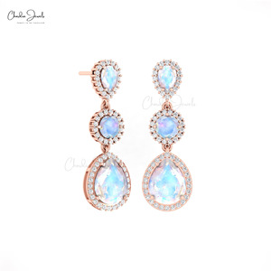 14k Solid Gold Natural Rainbow Moonstone & 1.1mm Pave Set Diamond Halo Dangle <b>Earrings</b> June Birthstone Cocktail Jewelry - Product Image 2